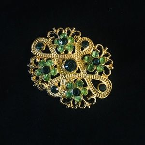 1” Gold Brooch w/Green and Blue Rhinestones